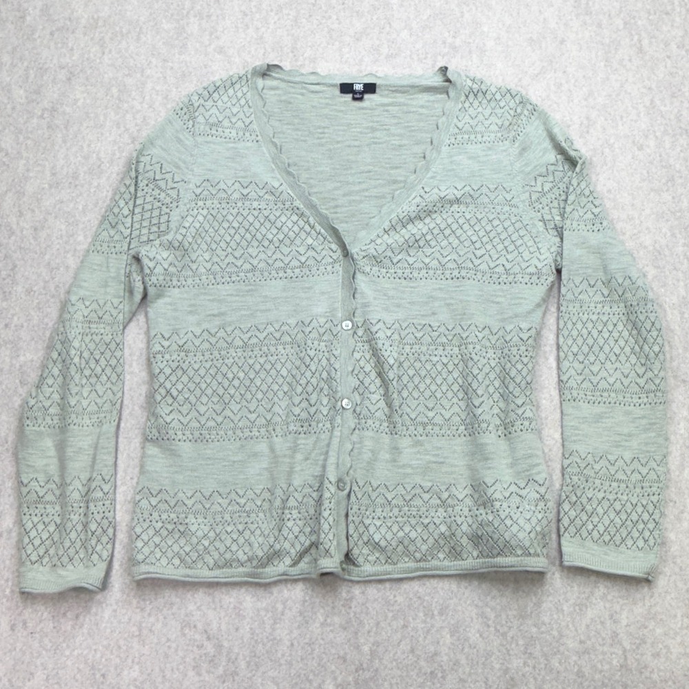 Frye Cardigan Womens L Sage Green Pointelle Boho Coastal Grandma Cottagecore